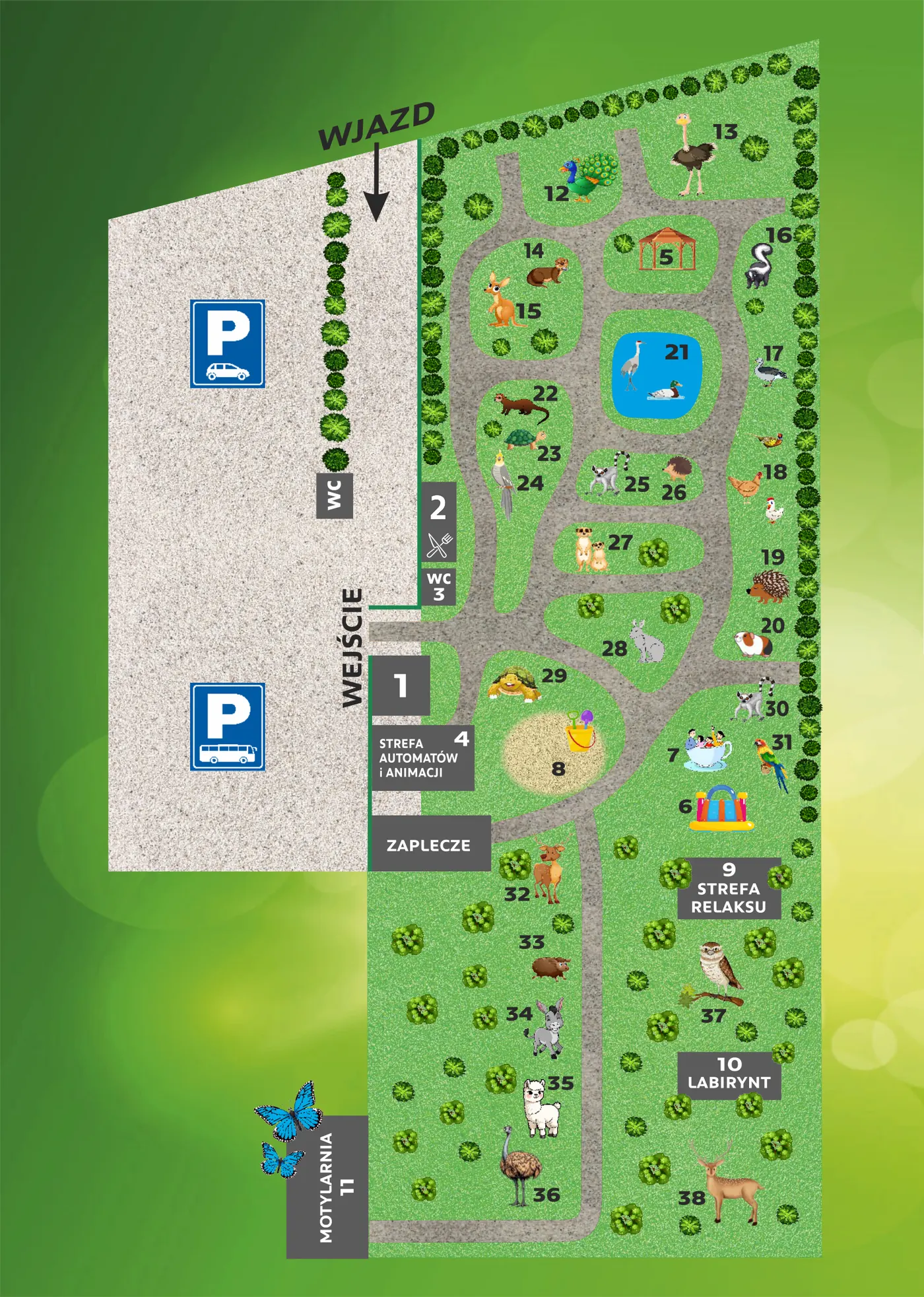 Plan parku Lappyland z numerami wybiegów i stref